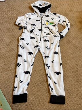 Adult Bear Print Fleece One-Piece Hooded Pajamas